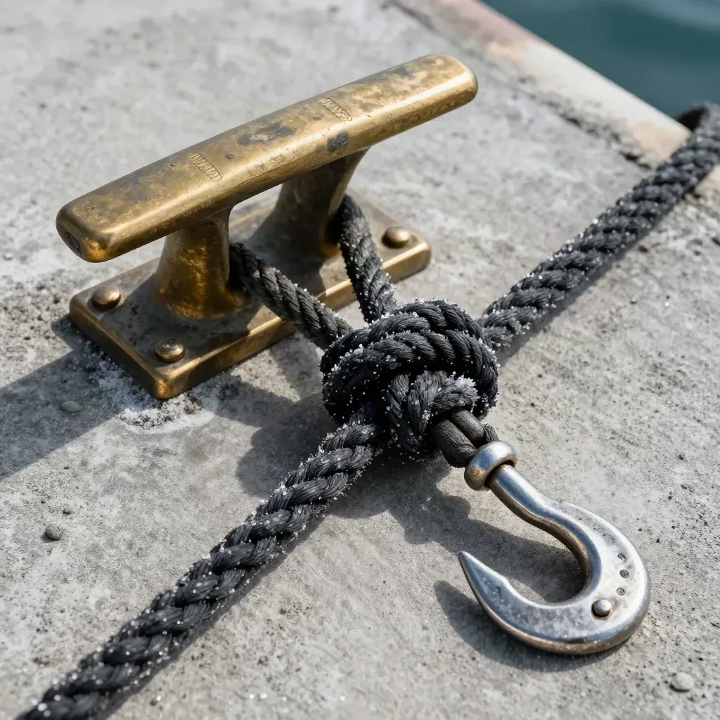 Top-down marine cleat, shackle, tarred rope knot and salt-pitted hook on weathered concrete.