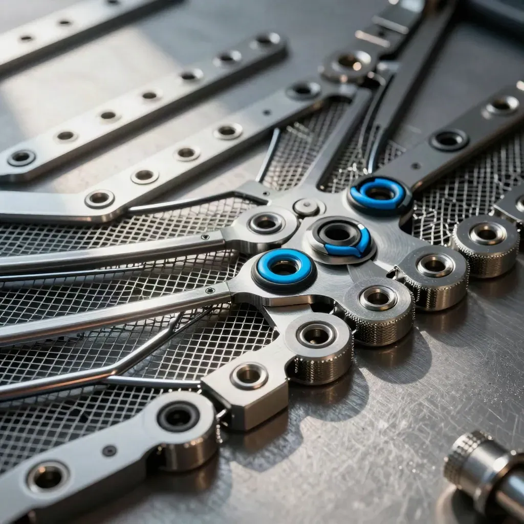 Top-down macro of mesh panels, grommets, and cable couplers on brushed steel.