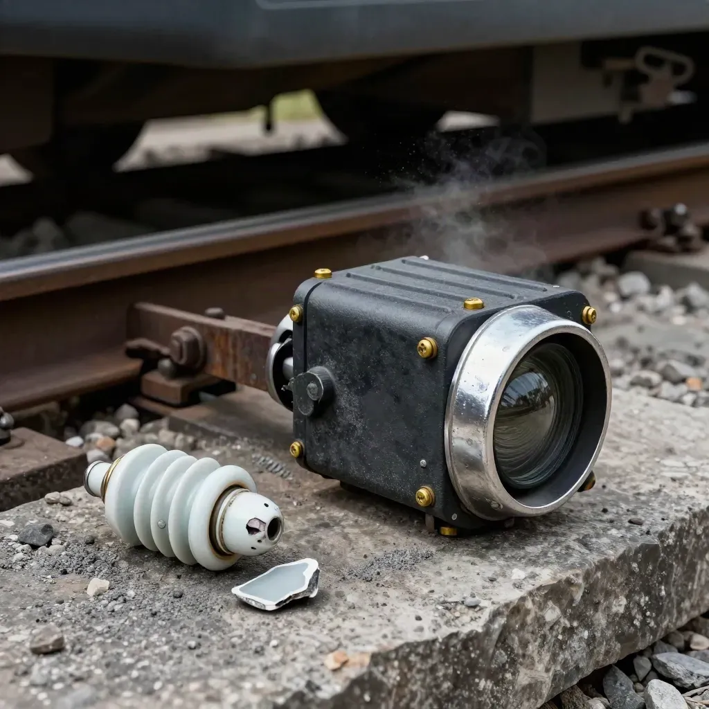 Rail relay block, porcelain insulator and steel clamp on a stone slab.
