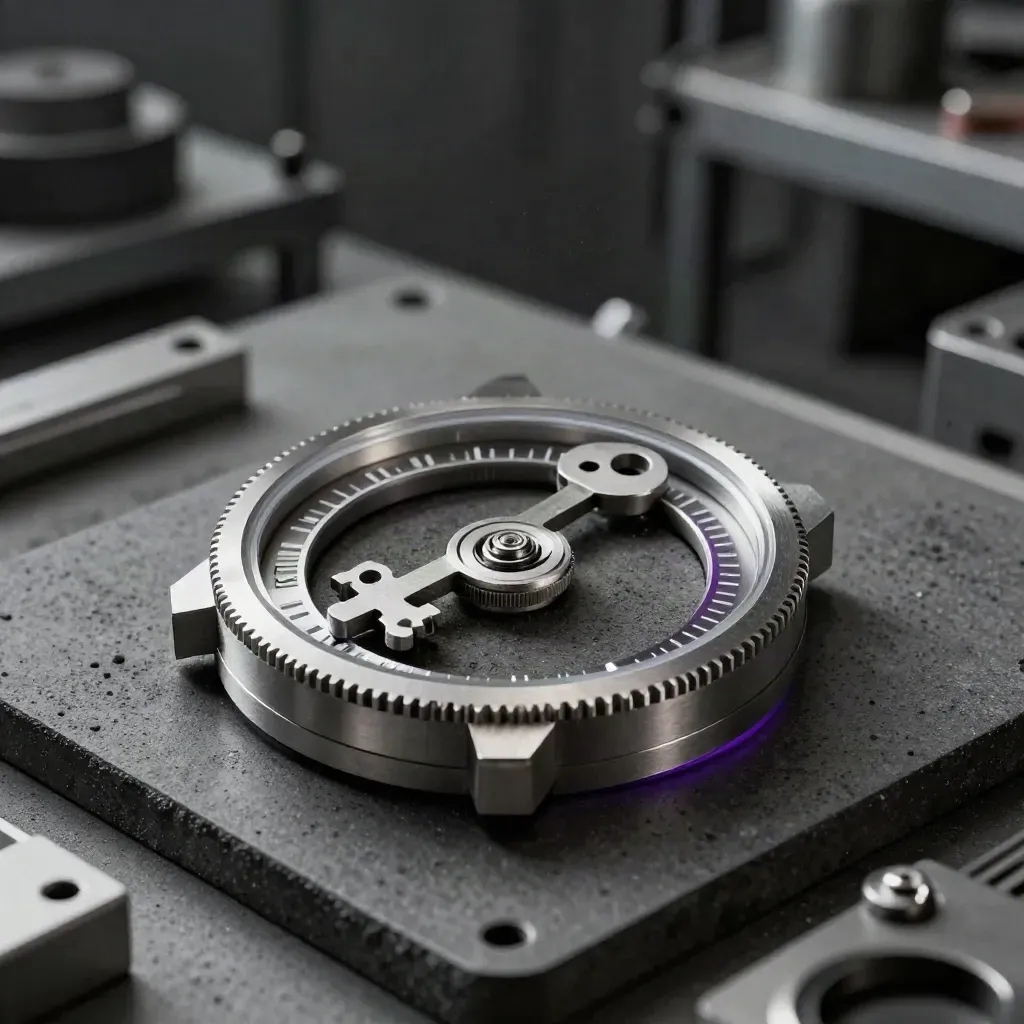 Vault dial, steel key, felt ring, and concrete tray on a dark surface with violet-tinted light.