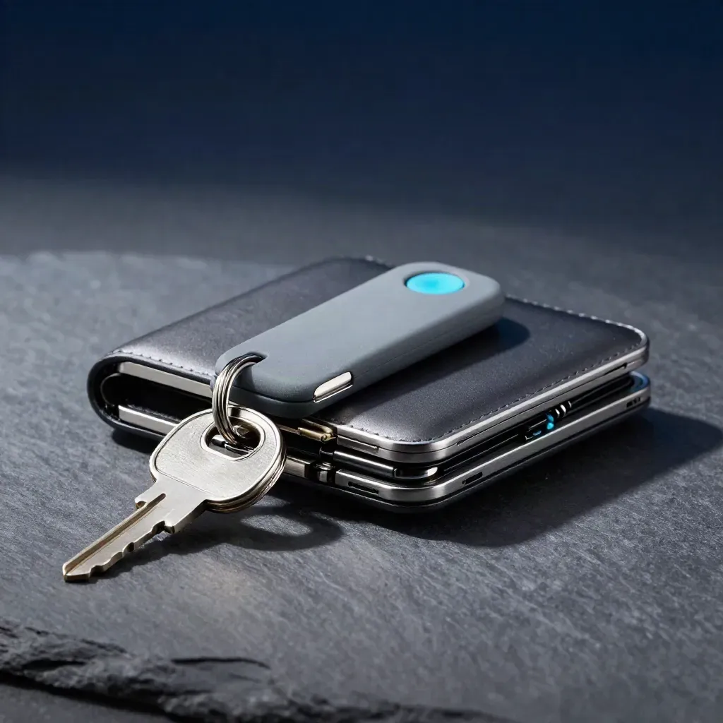 Cold-wallet device, NFC fob, and steel key ring on slate under dramatic light.