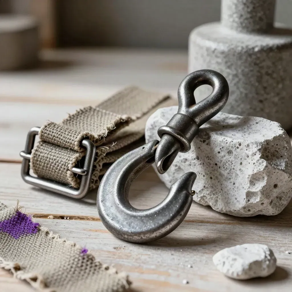 Cargo seal, forged hook, strap buckle and stone weight on pale wood with warehouse dust.