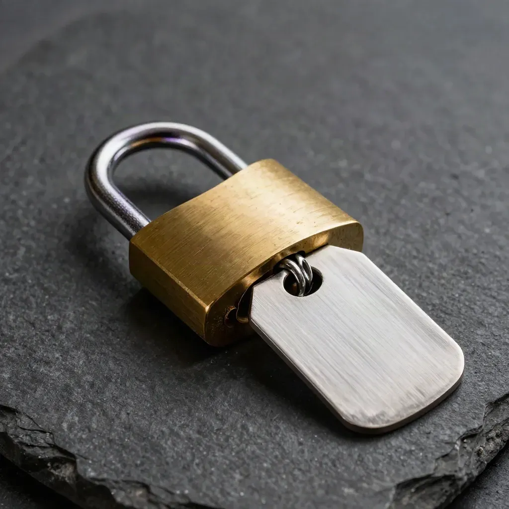 Brass padlock, blank access tag and steel cable loop on dark stone in dramatic macro light