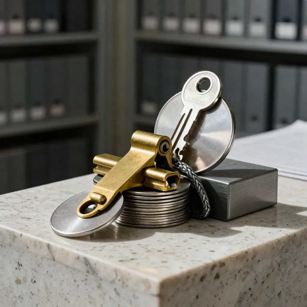 Brass archive clamp closes on aluminum token discs with a braided cable lock on travertine.