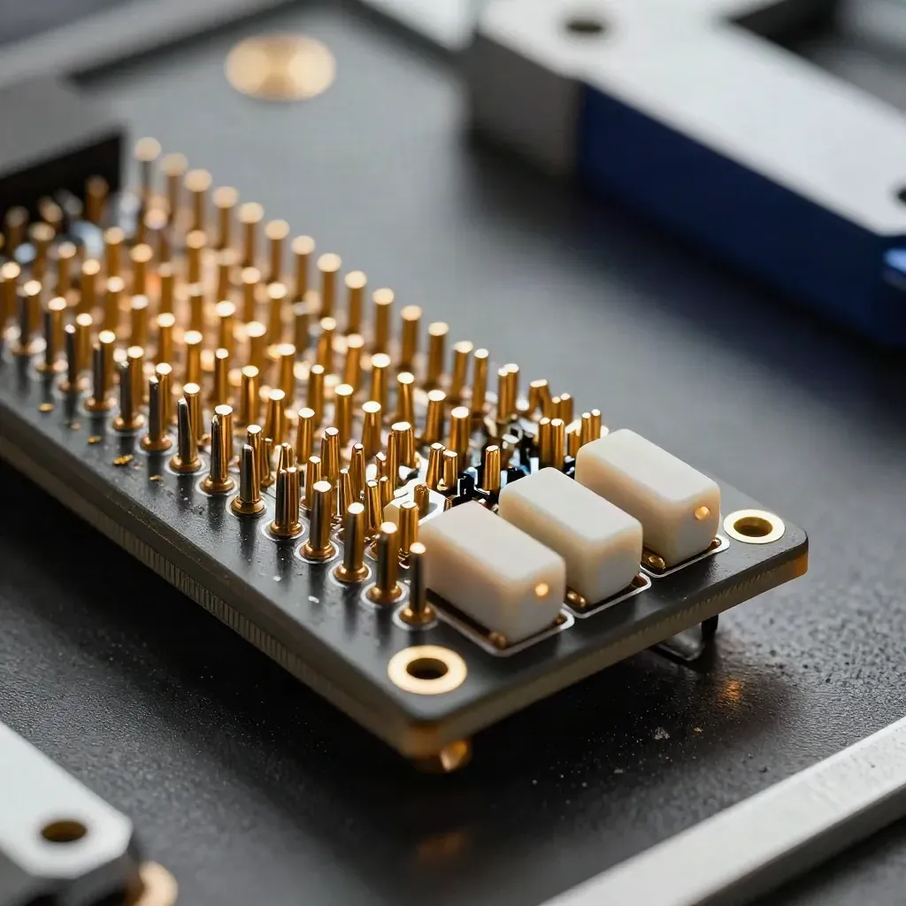 Macro of a black signing module with gold pins between two ceramic spacers on a graphite surface.