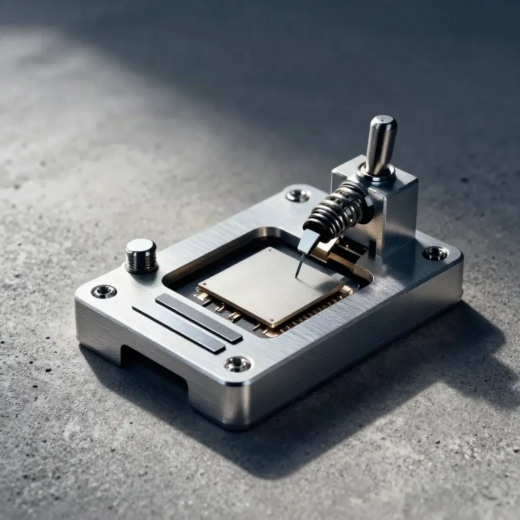 Extreme macro of a pogo-pin test jig on a silicon pad with two calibration shims