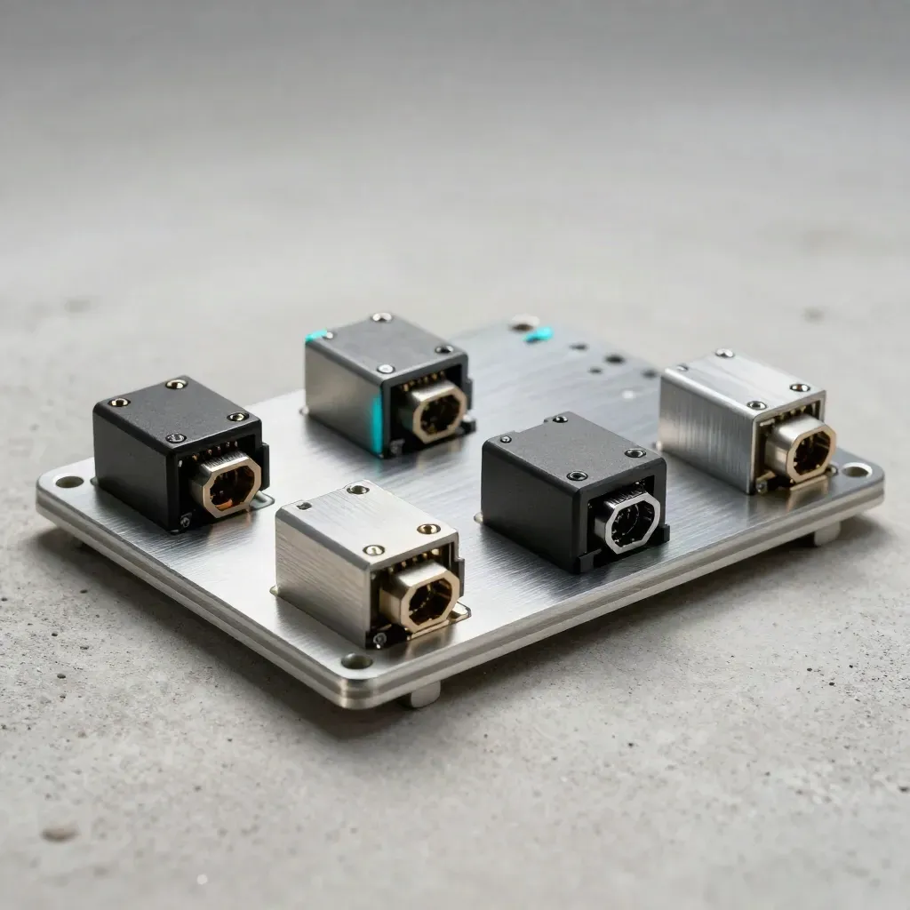 Overhead macro of prototype board modules locking into aluminum brackets on pale concrete.