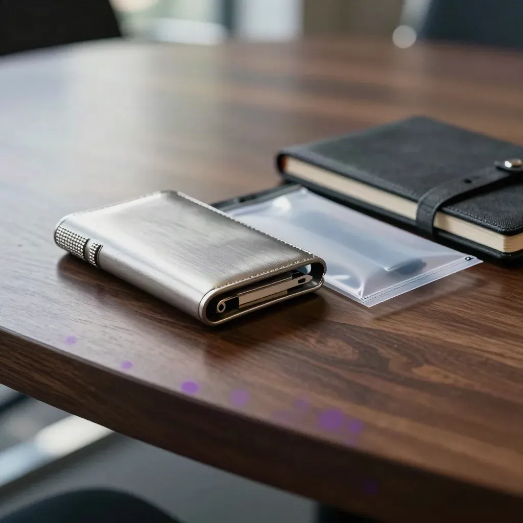 Hardware wallet, sealed USB sleeve, and closed notebook on a meeting table with glass foreground blur.