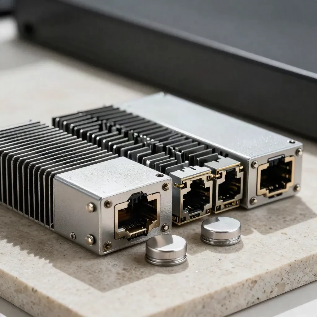 Server heat-sink blocks, Ethernet coupler, and dust caps on pale stone with cool haze.