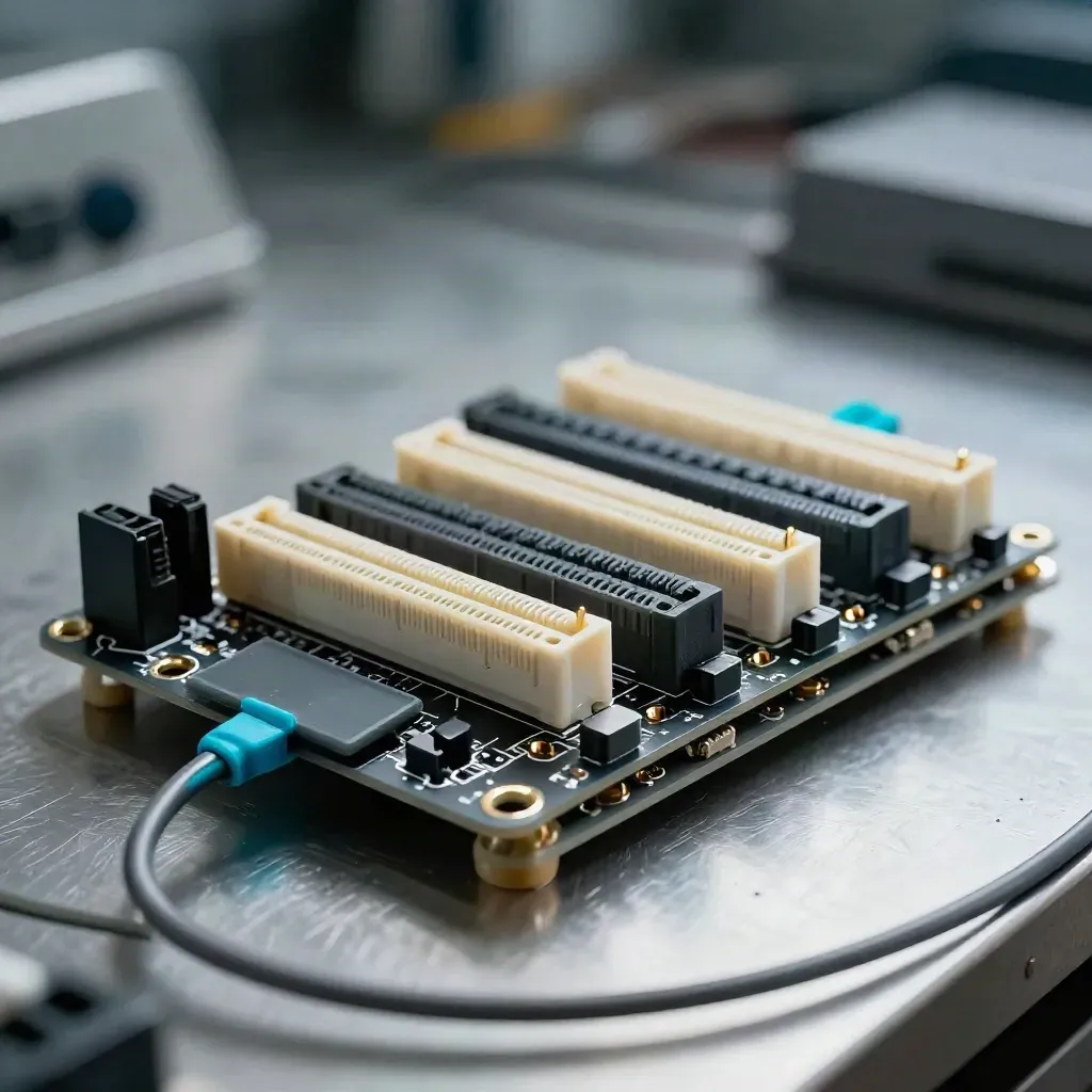 Macro of modular dev boards, cable clips, and a silicone pass-through panel on a steel workbench.