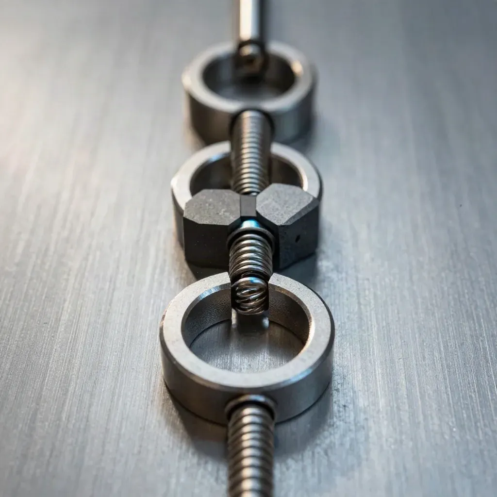 Macro flat lay of linked metal rings, a cable clip, and modular blocks on brushed steel.