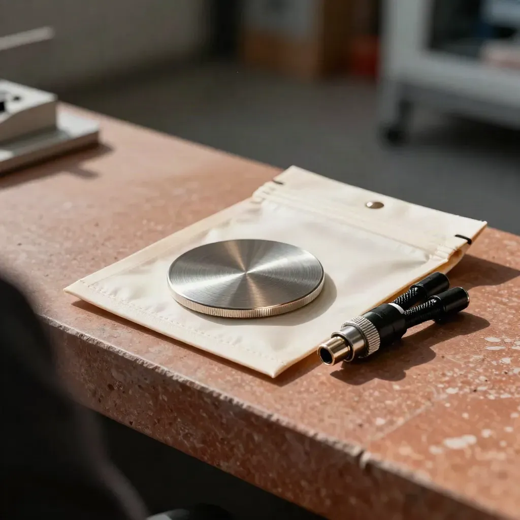 Anti-static pouch, aluminum token disc, and connector bundle on a terracotta lab bench.