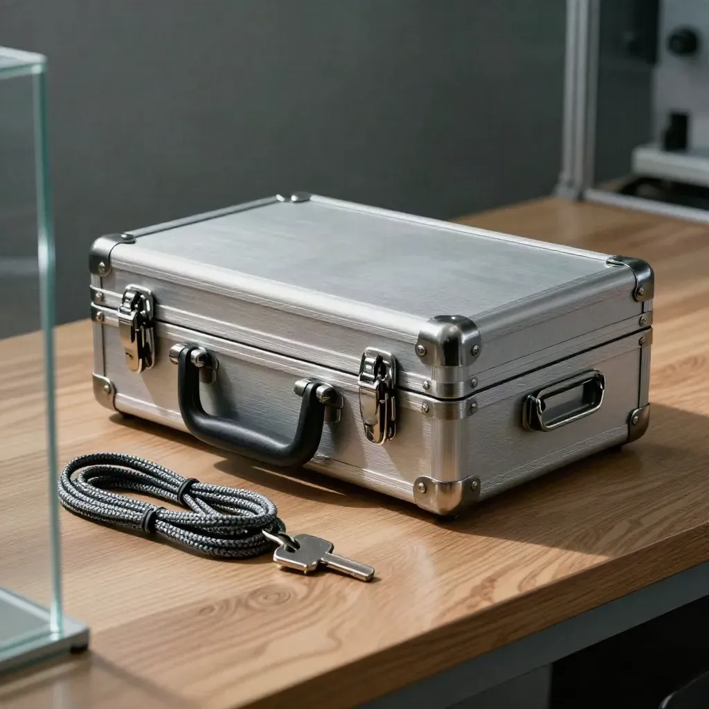 Overhead metal handoff case with tamper seals and braided cable, seen through blurred glass.