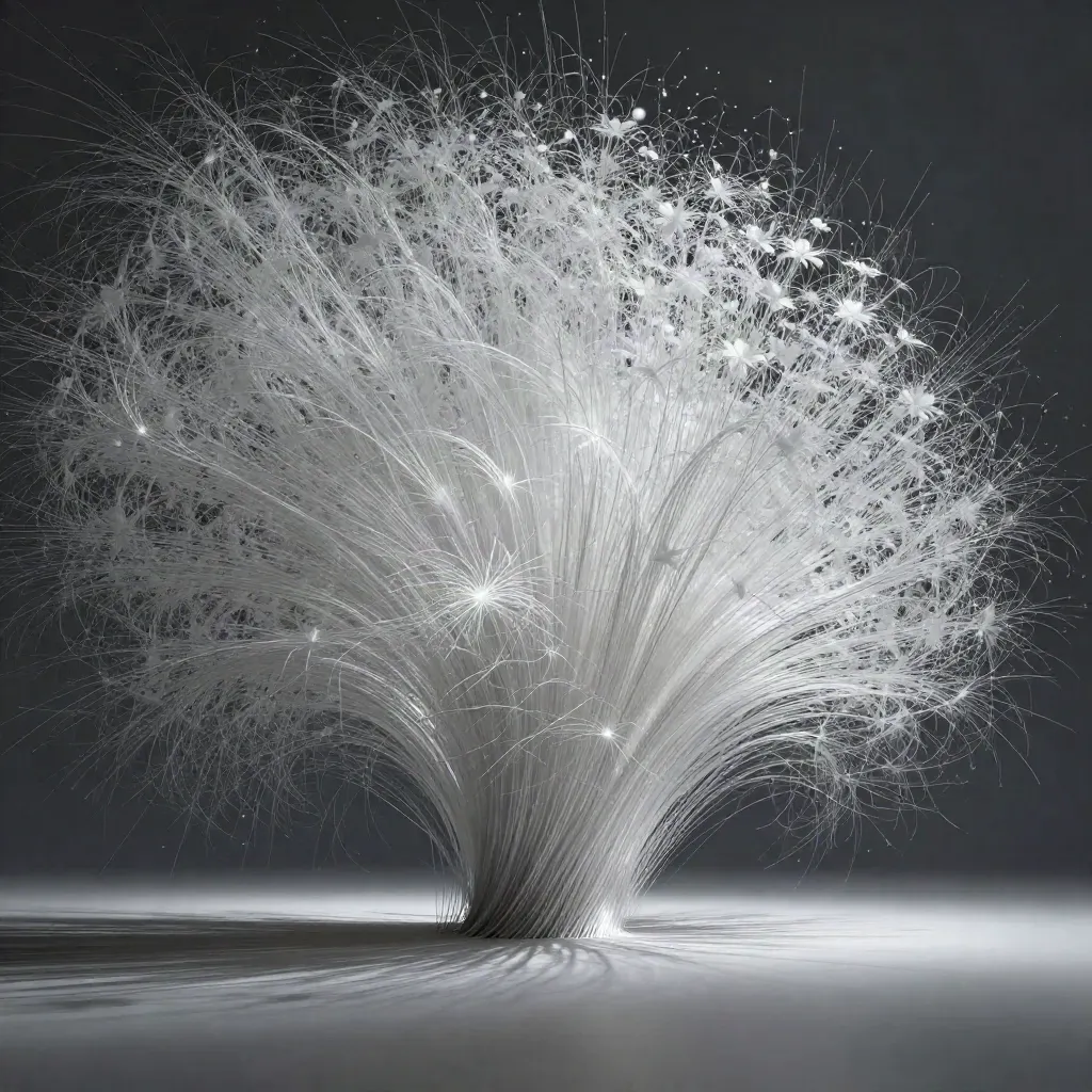 Silver filaments converge into a soft white bloom in dark graphite haze, with open space for copy.