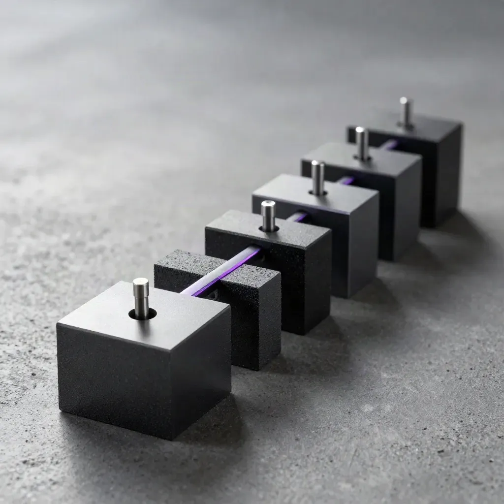 Graphite modular blocks and connector rail on concrete, softly lit with a violet edge