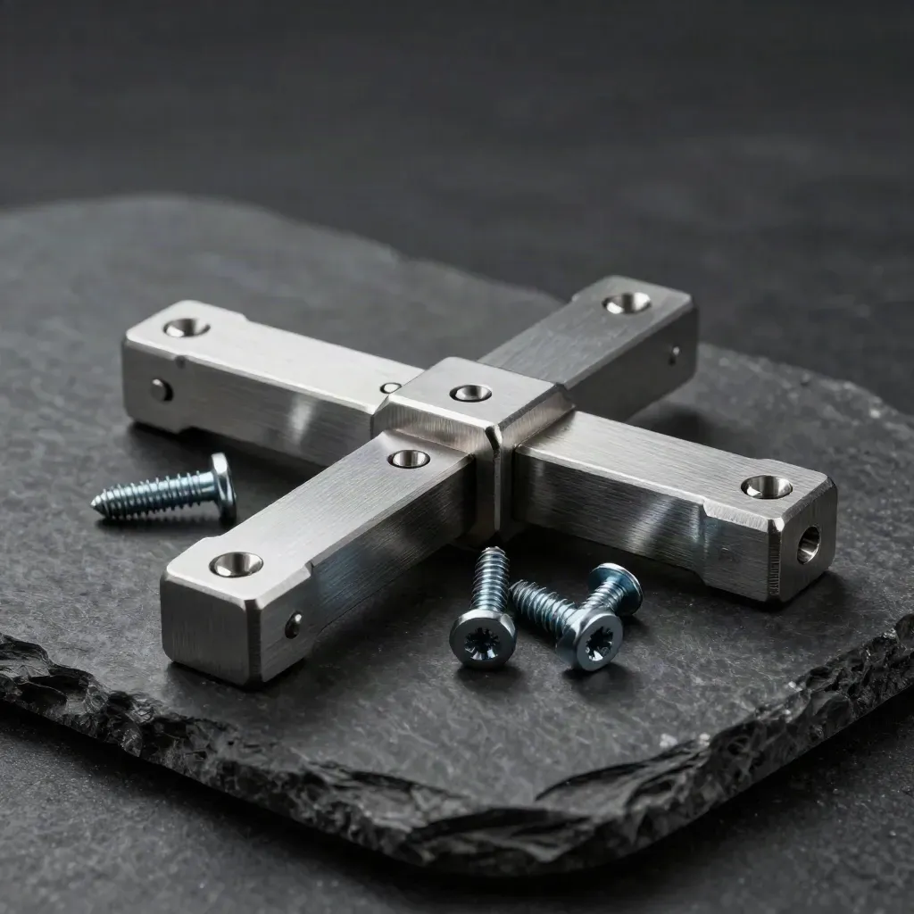 Aluminum braces, hex connector and precision screws on dark stone in dramatic side light