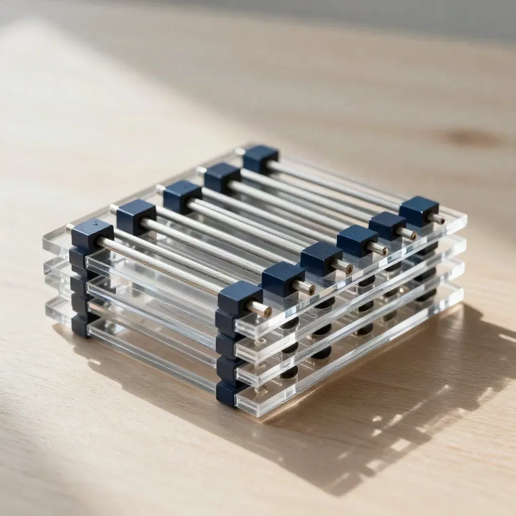 Overhead still life of acrylic plates, spacer rods, and modular connectors on pale wood